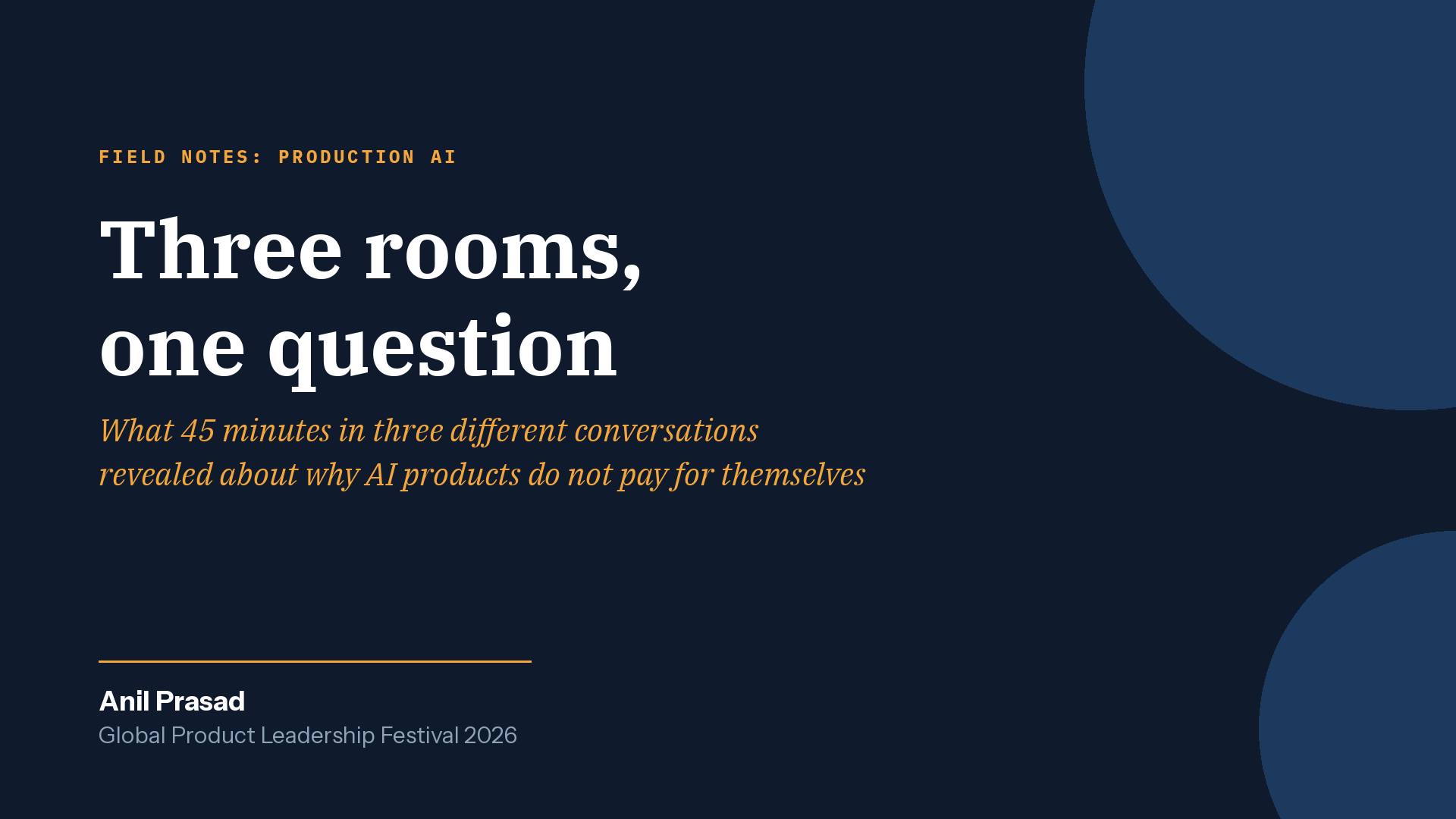 Title card reading Three rooms, one question, from Field Notes: Production AI by Anil Prasad, Global Product Leadership Festival 2026.
